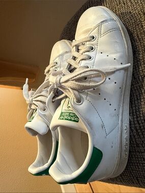 adidas White and Green Stan Smith Leather Sneakers